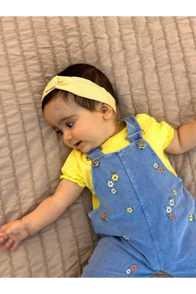 Çiçek Nakışlı Yumuşacık Likralı Organik Kot Salopetli Kısa Kol Badili 2'li Takım Tulum - SARI
