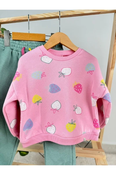 Çilek Baskılı 3 İp Kışlık Kız Bebek/Çocuk İkili Takım - PEMBE