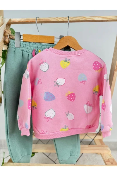 Çilek Baskılı 3 İp Kışlık Kız Bebek/Çocuk İkili Takım - PEMBE