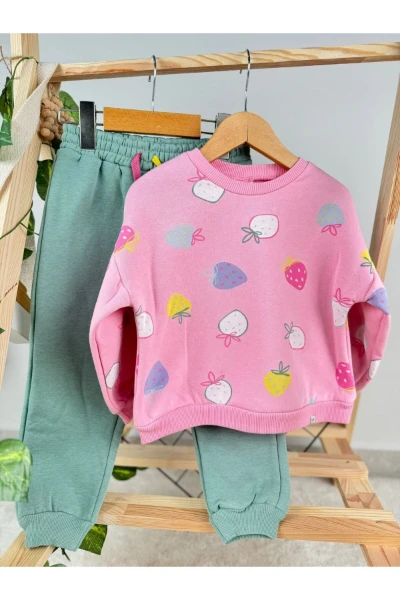 Çilek Baskılı 3 İp Kışlık Kız Bebek/Çocuk İkili Takım - PEMBE