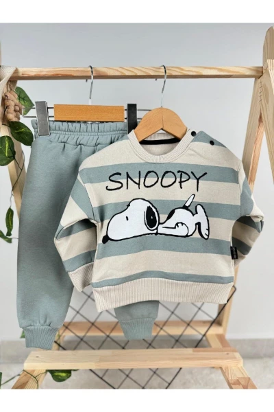 Çizgi Köpek Snopy Baskılı 3 İp Kışlık Erkek İkili Takım - SU YEŞİL
