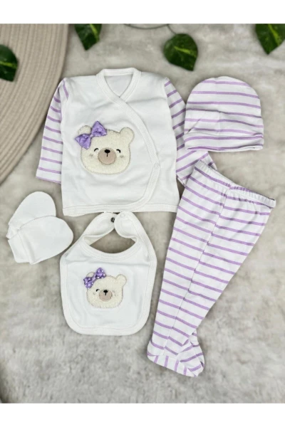 Çizgili Ayılı 5 Parça %100 Pamuk Kutulu Kız Bebek Yenidoğan Set - LİLA