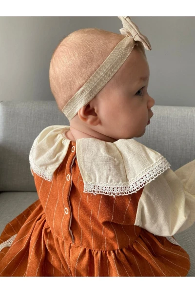 ÇİZGİLİ FİYONKLU KURDELELİ BEBE YAKALI KIZ BEBEK/ÇOCUK ELBİSE - KİREMİT