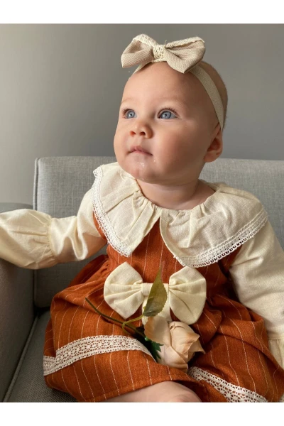 ÇİZGİLİ FİYONKLU KURDELELİ BEBE YAKALI KIZ BEBEK/ÇOCUK ELBİSE - KİREMİT