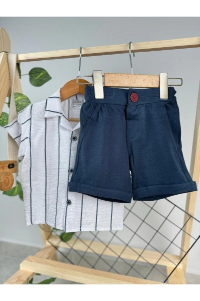 ÇİZGİLİ GÖMLEKLİ BAYRAMLIK/ÖZEL GÜN ŞIK ERKEK BEBEK/ÇOCUK TAKIM - LACİVERT