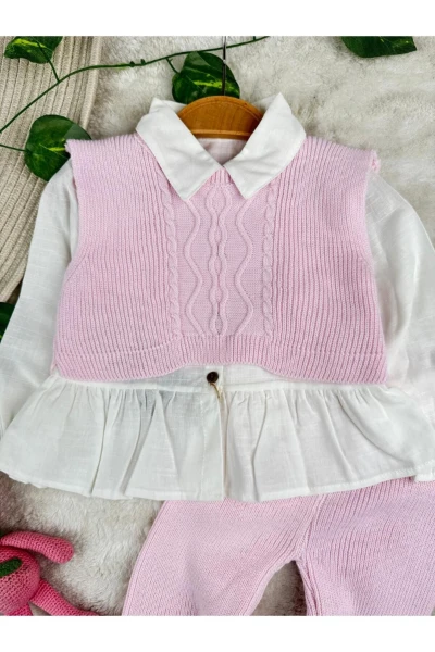 Crop Süveterli Gömlekli 3'lü Triko Premium Kız Bebek Takım - PEMBE