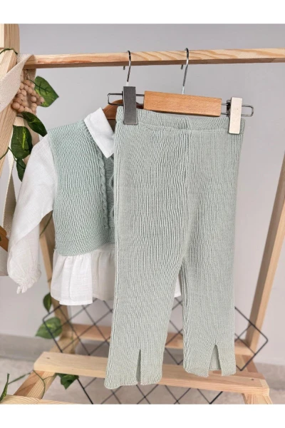 Crop Süveterli Gömlekli 3'lü Triko Premium Kız Bebek Takım - YEŞİL