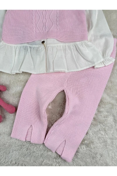 Crop Süveterli Gömlekli 3'lü Triko Premium Kız Bebek Takım - PEMBE