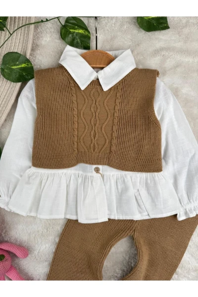 Crop Süveterli Gömlekli 3'lü Triko Premium Kız Bebek Takım - KAHVERENGİ