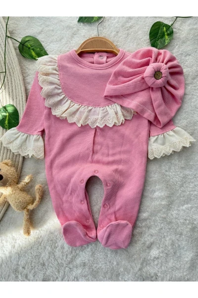 Dantel Yaka Kollu Bandana Aksesuarlı İkili Kız Bebek Premium Takım Tulum - PEMBE