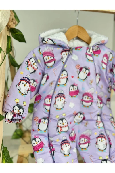Desenli Kız Bebek Kışlık Fermuarlı Bebek Astronot Kozmonot Tulum Bebek Montu - LİLA