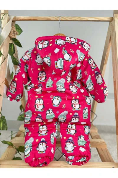 Desenli Kız Bebek Kışlık Fermuarlı Bebek Astronot Kozmonot Tulum Bebek Montu - FUŞYA