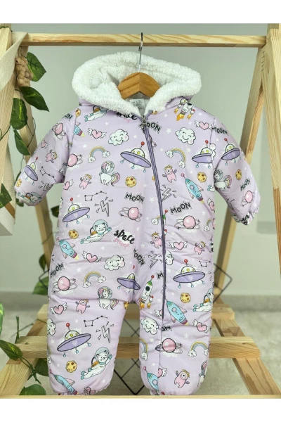 Desenli Kız Bebek Kışlık Fermuarlı Bebek Astronot Kozmonot Tulum Bebek Montu - LİLA