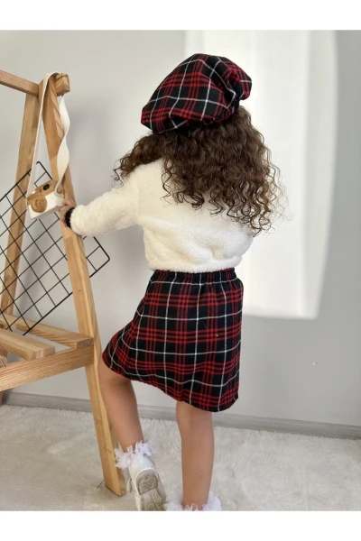 Ekose Desen Etekli Welsoft Hırkalı Şapkalı Kışlık Kız Bebek Üçlü Takım - KIRMIZI