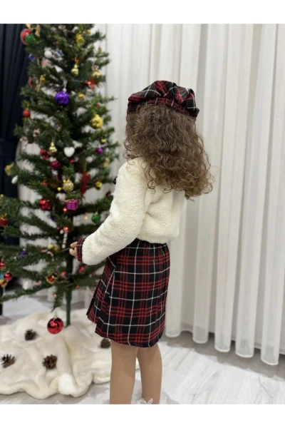 Ekose Desen Etekli Welsoft Hırkalı Şapkalı Kışlık Kız Bebek Üçlü Takım - KIRMIZI