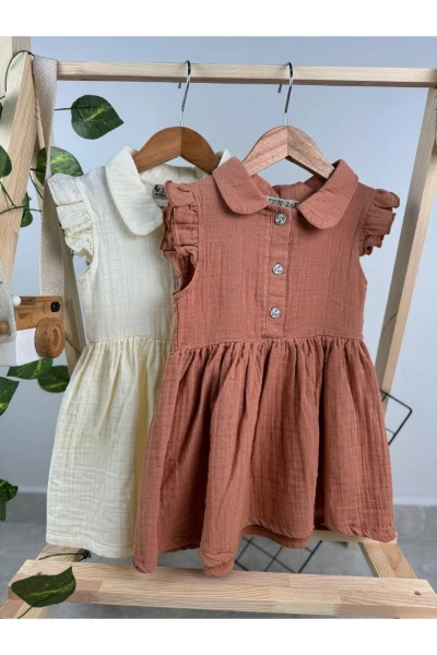 FIRFIRLI KISA KOL KIZ BEBEK/ÇOCUK MÜSLİN ELBİSE - KİREMİT