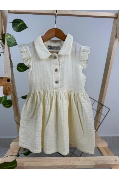 FIRFIRLI KISA KOL KIZ BEBEK/ÇOCUK MÜSLİN ELBİSE - KREM