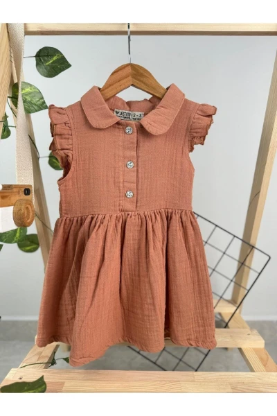 FIRFIRLI KISA KOL KIZ BEBEK/ÇOCUK MÜSLİN ELBİSE - KİREMİT
