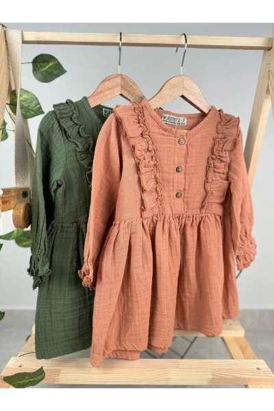 FIRFIRLI UZUN KOL KIZ BEBEK/ÇOCUK MÜSLİN ELBİSE - YEŞİL