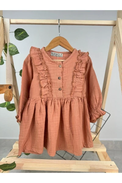 FIRFIRLI UZUN KOL KIZ BEBEK/ÇOCUK MÜSLİN ELBİSE - KİREMİT