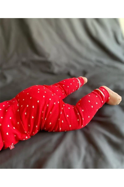 Fitilli Esnek Kalp Baskılı Kız/Bebek Çocuk İkili Pijama Takım - KIRMIZI