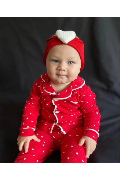 Fitilli Esnek Kalp Baskılı Kız/Bebek Çocuk İkili Pijama Takım - KIRMIZI