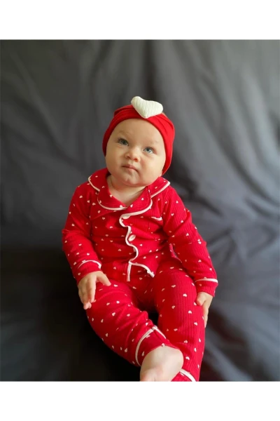 Fitilli Esnek Kalp Baskılı Kız/Bebek Çocuk İkili Pijama Takım - KIRMIZI