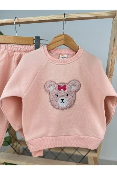 Fiyonklu Ayı Nakışlı 3 İp Kışlık Kız Bebek/Çocuk İkili Takım - PUDRA PEMBE