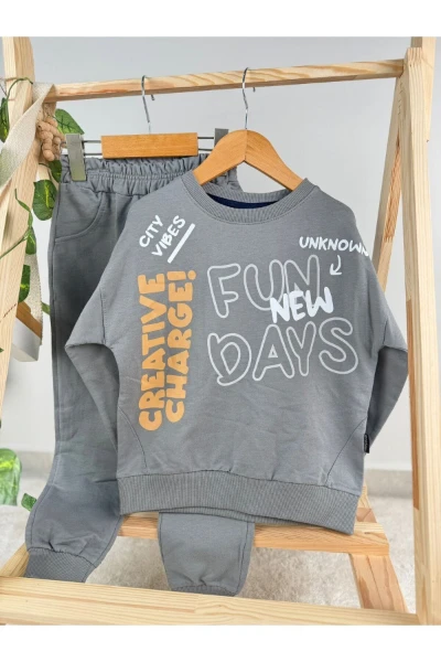 Fun Days Baskılı 2 İp Mevslimlik Erkek Çocuk İkili Takım - GRİ