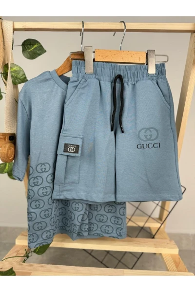 GUCCİİ BASKILI YAZLIK ERKEK ÇOCUK ŞORTLU İKİLİ TAKIM - MAVİ