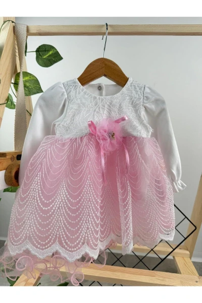 Güpürlü Tokalı Tütülü Özel Gün Doğum Günü Bayramlık Kız Bebek Elbise - PEMBE