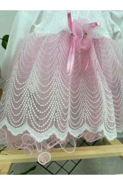 Güpürlü Tokalı Tütülü Özel Gün Doğum Günü Bayramlık Kız Bebek Elbise - PEMBE