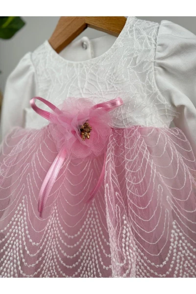 Güpürlü Tokalı Tütülü Özel Gün Doğum Günü Bayramlık Kız Bebek Elbise - PEMBE