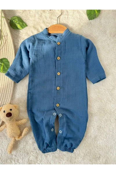 Hakim Yakalı Unisex Bebek Mevsimlik/Yazlık %1OO Pamuk Müslin Tulum - MAVİ