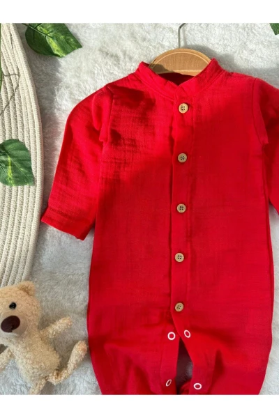 Hakim Yakalı Unisex Bebek Mevsimlik/Yazlık %1OO Pamuk Müslin Tulum - KIRMIZI