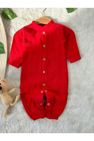 Hakim Yakalı Unisex Bebek Mevsimlik/Yazlık %1OO Pamuk Müslin Tulum - KIRMIZI