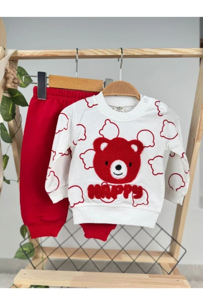 Happy Süzine Nakışlı 2 İp Mevsimlik Unisex Bebek/Çocuk İkili Takım - KIRMIZI