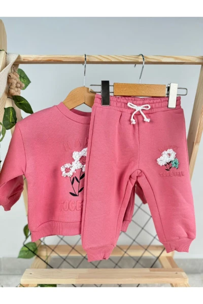 Happy Together Çiçek Baskılı 3 İp Kışlık Kız Bebek/Çocuk İkili Takım - PEMBE