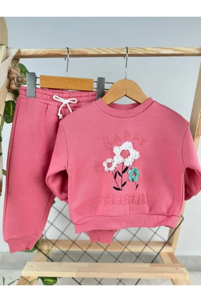 Happy Together Çiçek Baskılı 3 İp Kışlık Kız Bebek/Çocuk İkili Takım - PEMBE