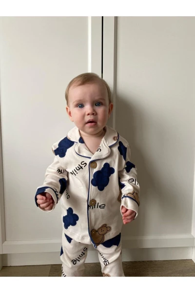 Hello Smile Bear Bebe Yakalı %100 Pamuk Yumuşacık Kumaş 2'li Pijama Takım - MAVİ