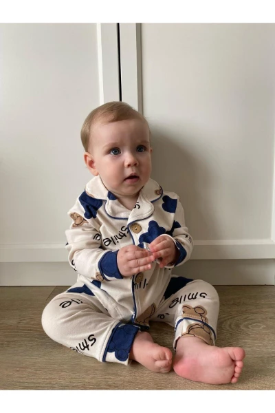Hello Smile Bear Bebe Yakalı %100 Pamuk Yumuşacık Kumaş 2'li Pijama Takım - MAVİ