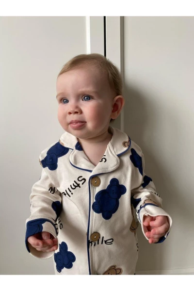 Hello Smile Bear Bebe Yakalı %100 Pamuk Yumuşacık Kumaş 2'li Pijama Takım - MAVİ