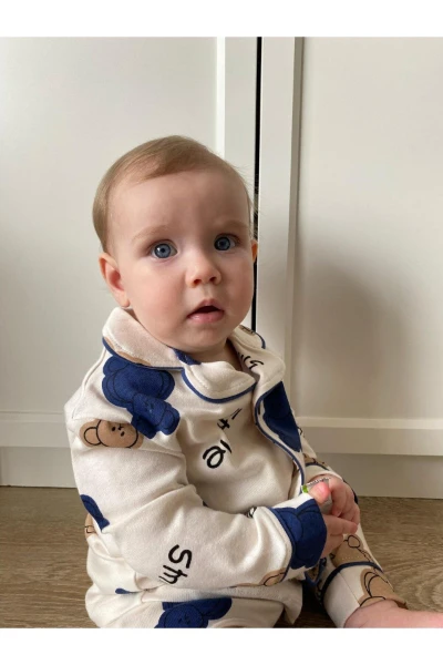 Hello Smile Bear Bebe Yakalı %100 Pamuk Yumuşacık Kumaş 2'li Pijama Takım - MAVİ