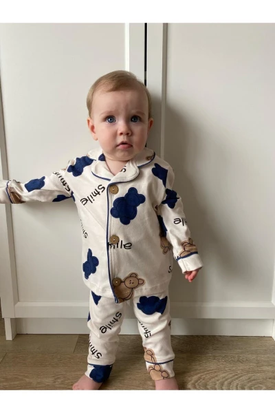 Hello Smile Bear Bebe Yakalı %100 Pamuk Yumuşacık Kumaş 2'li Pijama Takım - MAVİ