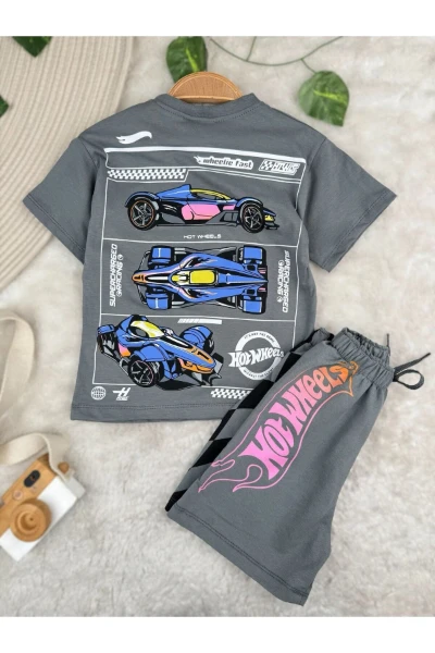 Erkek Bebek&Çocuk Baskılı 2’li Takım–Şortlu Yazlık Pamuklu Takım(1-8Yaş) Karakterli/Araba Desenli - GRİ