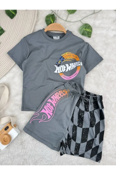 Erkek Bebek&Çocuk Baskılı 2’li Takım–Şortlu Yazlık Pamuklu Takım(1-8Yaş) Karakterli/Araba Desenli - GRİ