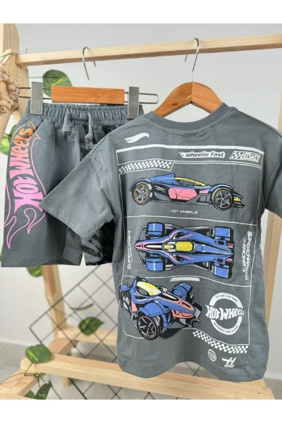 Hotwheels Baskılı Yazlık Premium Kalite   Pamuk Şortlu İkili Takım - GRİ