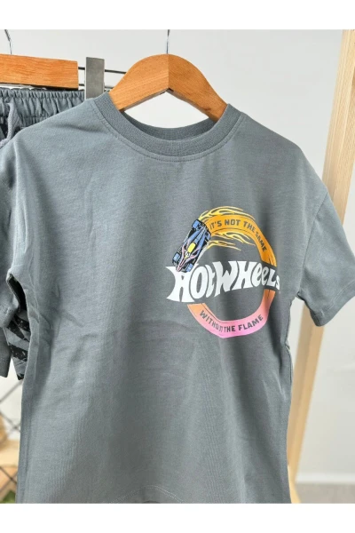 Hotwheels Baskılı Yazlık Premium Kalite   Pamuk Şortlu İkili Takım - GRİ