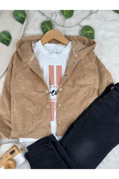 Kabartma Baskılı Ceketli Kot Pantolonlu Badili 3'lü Bayramlık Şık Premium Takım - KAHVERENGİ