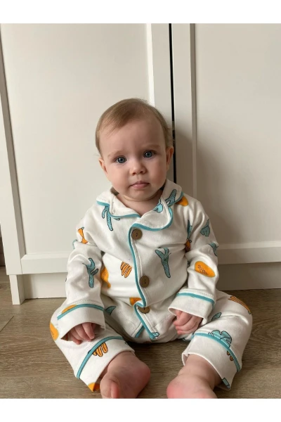Kaktüs Temalı Bebe Yakalı %100 Pamuk Yumuşacık Kumaş 2’li Unisex Pijama Takımı - BEYAZ